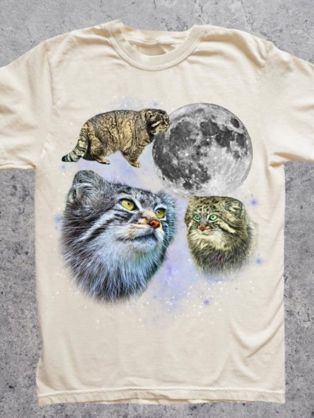 Three Manul Cat Retro Graphic Tshirt, Vintage Pallas Cat Moon Shirt